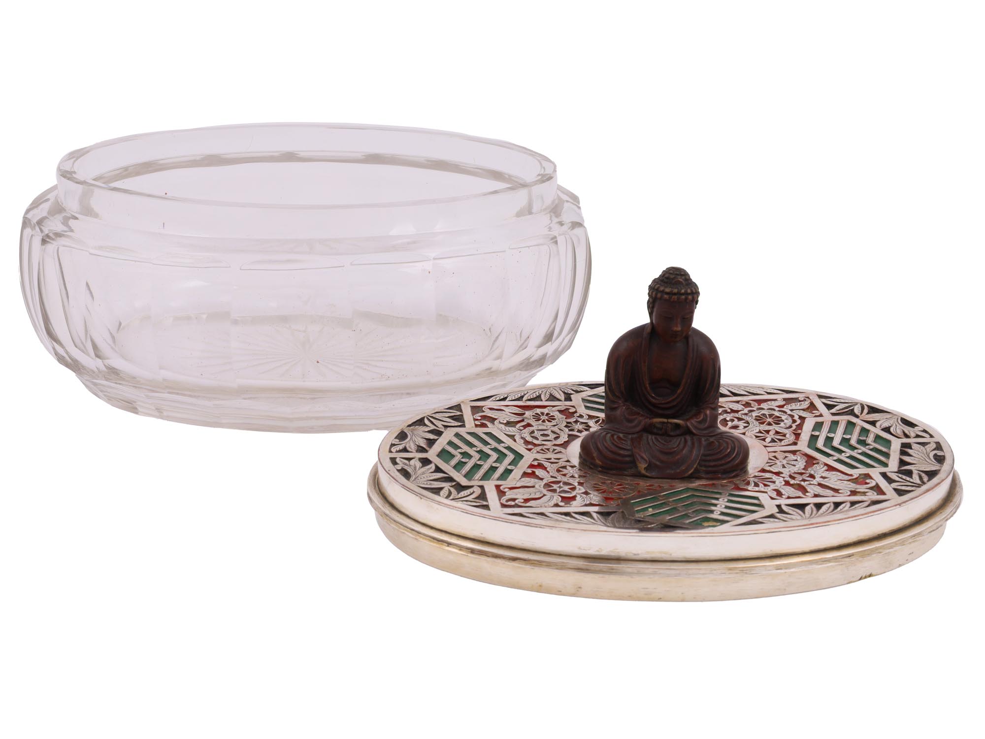 ANTIQUE JAPANESE GLASS AN ENAMEL BOX WITH BUDDHA PIC-2